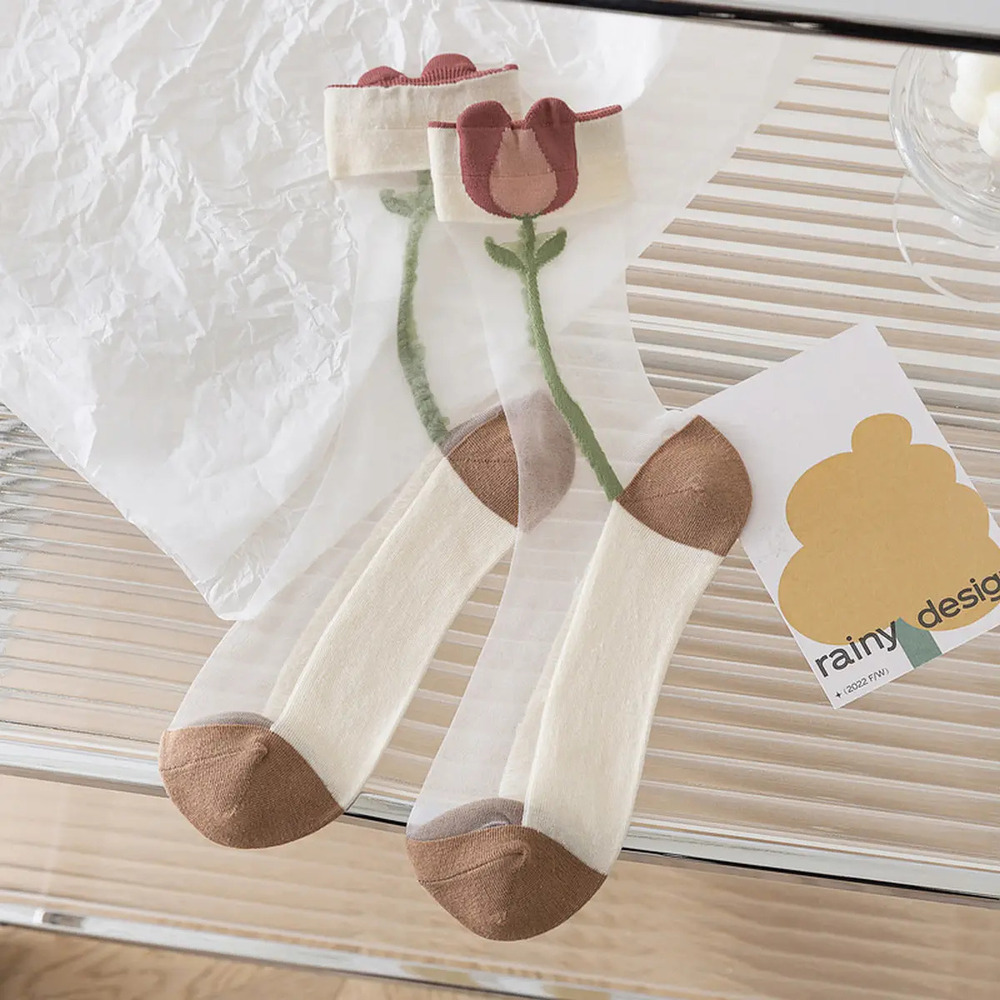 X64 | Floral Summer Sheer Mesh Socks | Brown | Tulips | One Size
